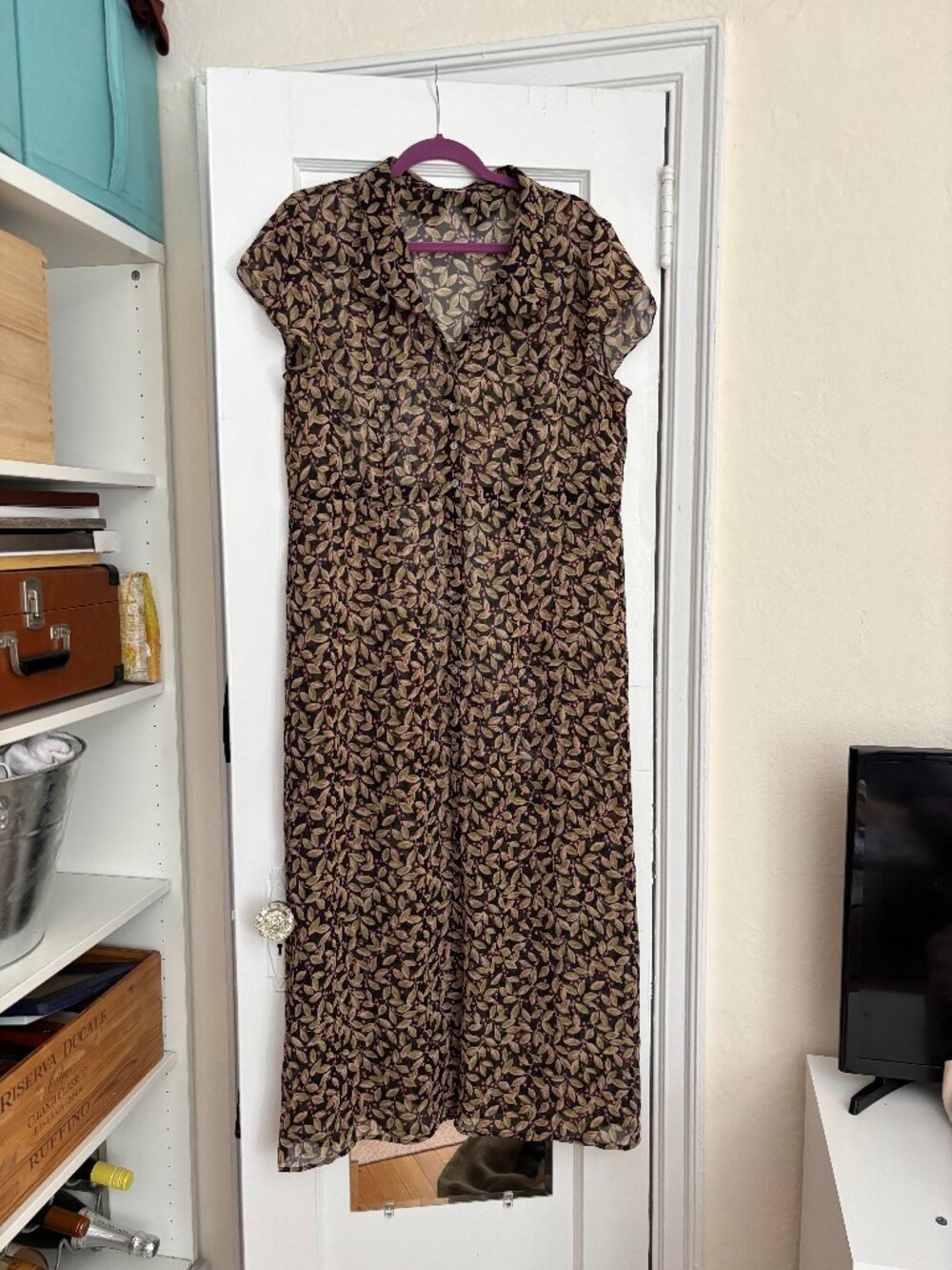 Garnet Hill 100% Silk Leaf Print Midi Maxi Shirt Dress Brown Size 14